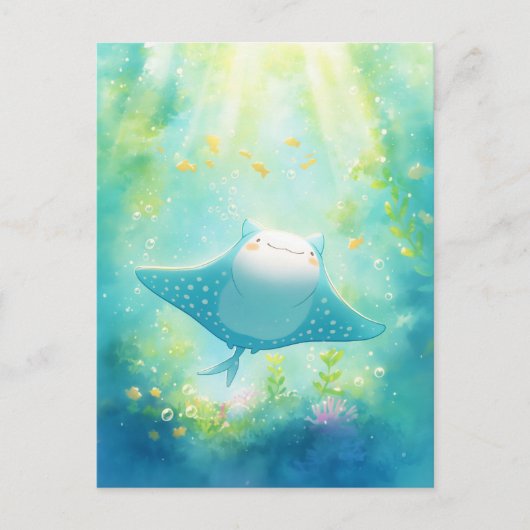 Cute Kawaii Manta Ray Sunlit Reef ポストカード (正面)