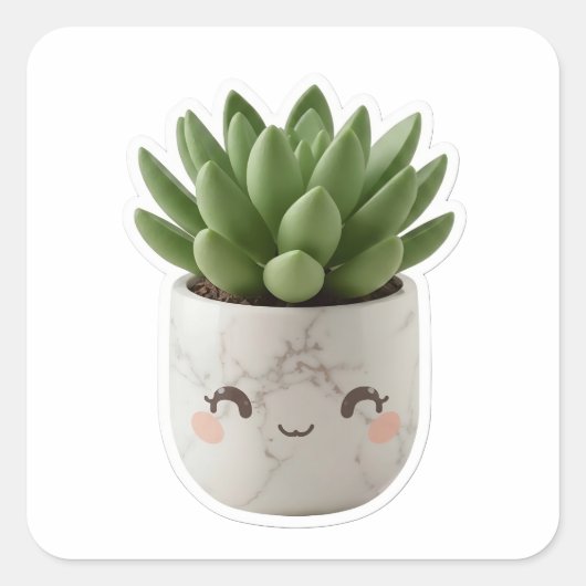 Cute Kawaii Marble Pot Succulent Die-Cut Sticker スクエアシール (正面)
