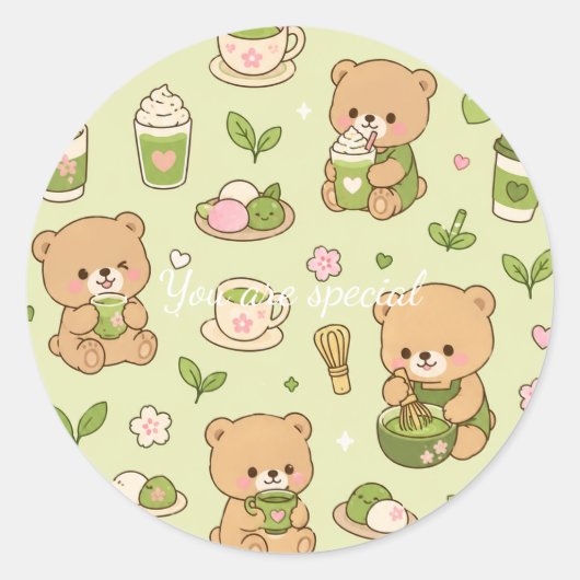 Cute Kawaii Matcha Teddy Bear Pattern | Green Tea ラウンドシール (正面)
