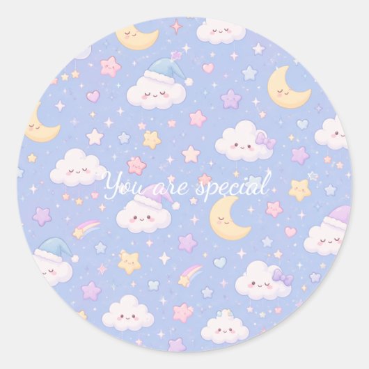 Cute Kawaii Moon & Clouds Pattern | Dreamy Pastel ラウンドシール (正面)