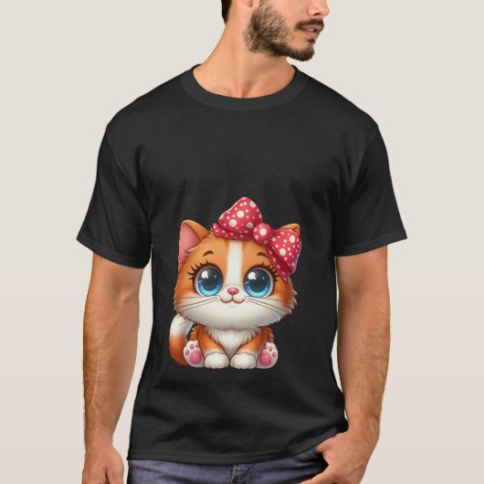 Cute Kawaii Orange Kitten Red Polka Dot Bow Cat Tシャツ (正面)