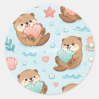 Cute Kawaii Otter Heart Seashell Pattern ラウンドシール