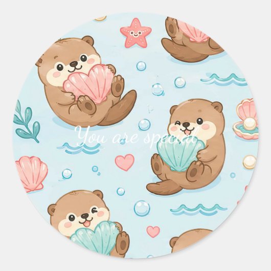 Cute Kawaii Otter Heart Seashell Pattern ラウンドシール (正面)