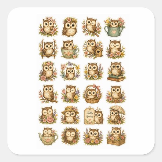 Cute Kawaii Owl Sticker Sheet スクエアシール (正面)