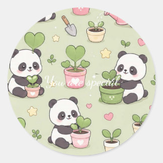 Cute Kawaii Panda Heart Plant Pattern ラウンドシール