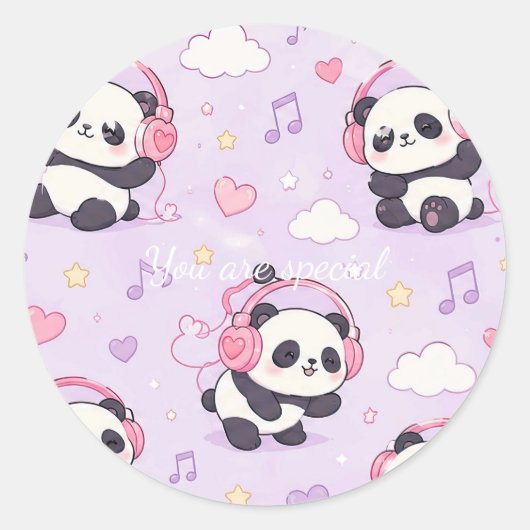 Cute Kawaii Panda Love Music Pattern ラウンドシール (正面)