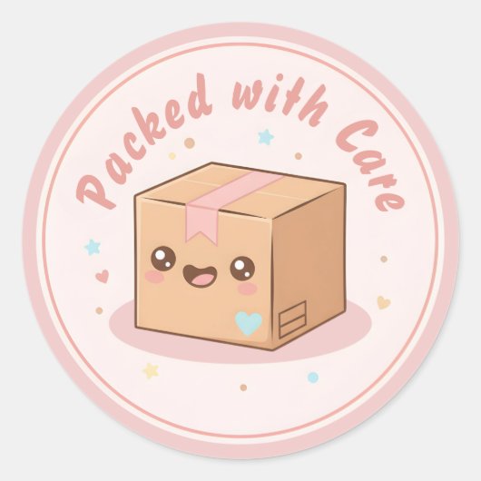 Cute Kawaii Parcel "Packed with Care" Packaging ラウンドシール (正面)