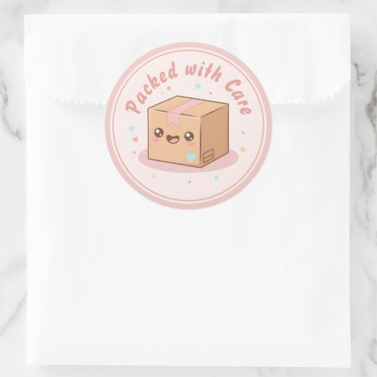 Cute Kawaii Parcel "Packed with Care" Packaging ラウンドシール (バッグ)