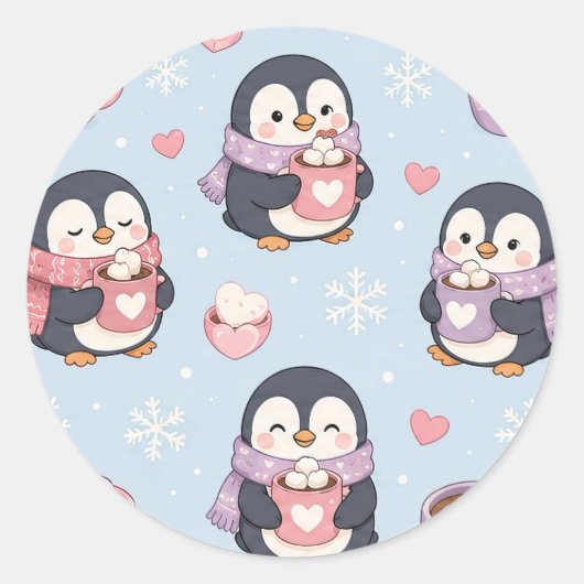 Cute Kawaii Penguin Hot Cocoa Pattern ラウンドシール (正面)