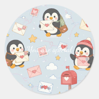 Cute Kawaii Penguin Love Mail Pattern ラウンドシール