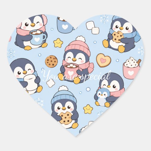 Cute Kawaii Penguin Winter Pattern | Cozy Hot Coco ハートシール (正面)