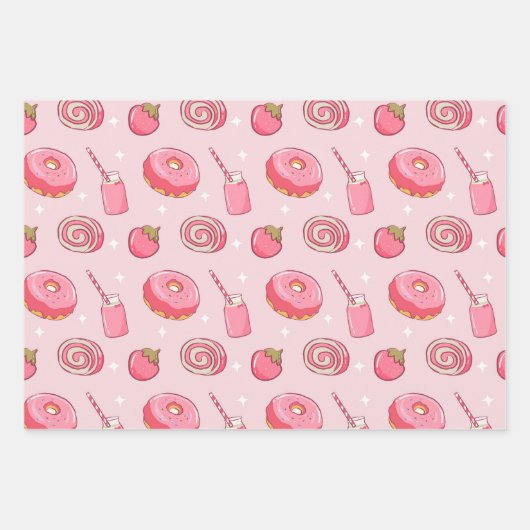 Cute Kawaii Pink Aesthetic Foods Seamless Pattern ラッピングペーパーシート (正面)
