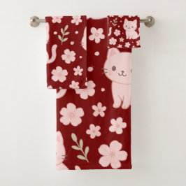 Cute Kawaii Pink Cats and Flowers Towel Set バスタオルセット