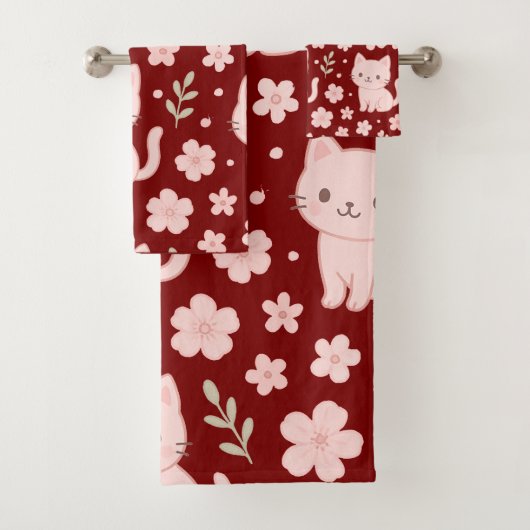 Cute Kawaii Pink Cats and Flowers Towel Set バスタオルセット (インサイチュ)