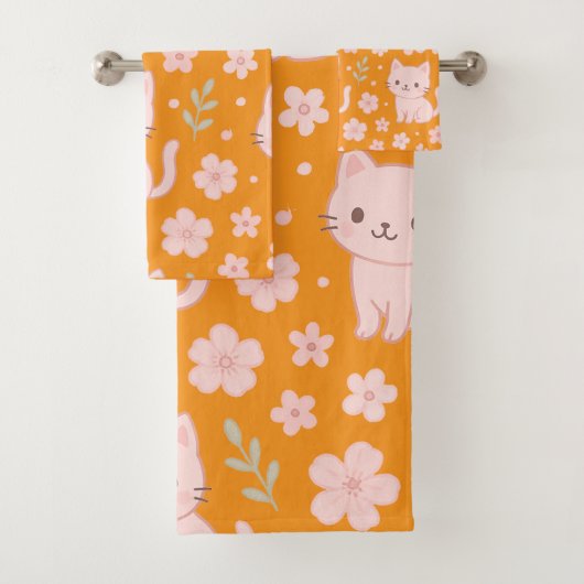 Cute Kawaii Pink Cats and Flowers Towel Set バスタオルセット (インサイチュ)