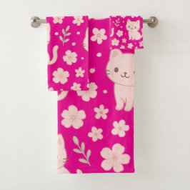 Cute Kawaii Pink Cats and Flowers Towel Set バスタオルセット