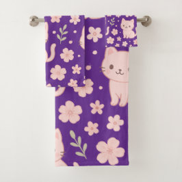 Cute Kawaii Pink Cats and Flowers Towel Set バスタオルセット