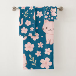 Cute Kawaii Pink Cats and Flowers Towel Set バスタオルセット