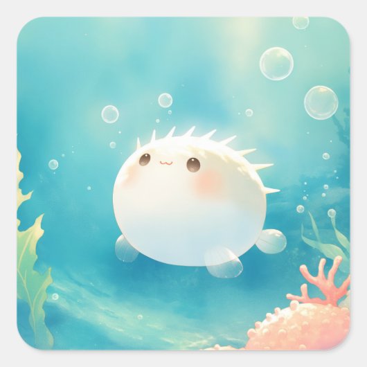 Cute Kawaii Pufferfish Watercolor Under the Sea スクエアシール (正面)