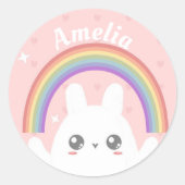 Cute Kawaii Rabbit and Rainbow Personalised ラウンドシール (正面)