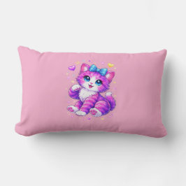 Cute Kawaii Rainbow Kitten Sparkle Hearts Design ランバークッション