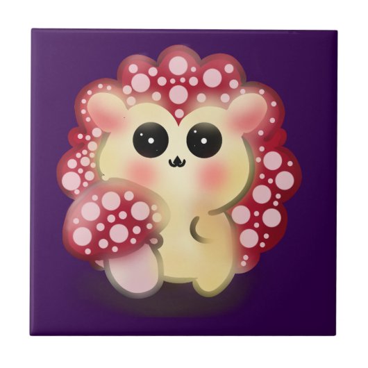 Cute Kawaii Red Mushroom Hedgehog Toadstool Art タイル (正面)