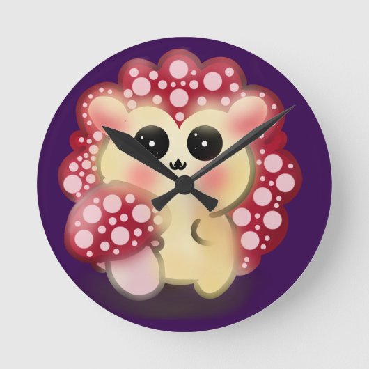 Cute Kawaii Red Mushroom Hedgehog Toadstool Art ラウンド壁時計 (正面)