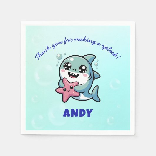 Cute Kawaii Shark Personalized Baby Shower スタンダードカクテルナプキン (正面)