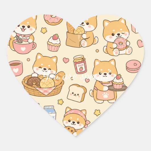 Cute Kawaii Shiba Bakery Pattern | Cozy Breakfast ハートシール (正面)