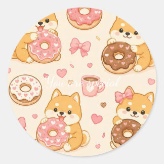 Cute Kawaii Shiba Inu Donut Pattern ラウンドシール