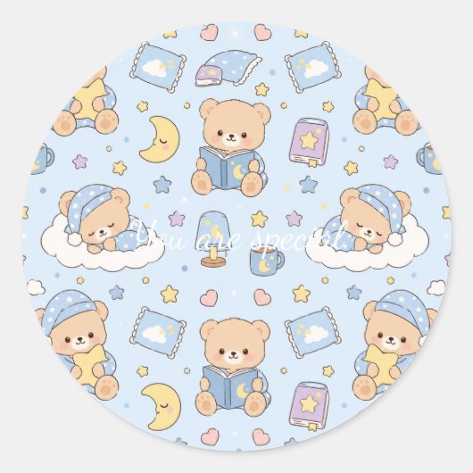 Cute Kawaii Sleepy Teddy Bear Pattern | Pastel Bed ラウンドシール (正面)