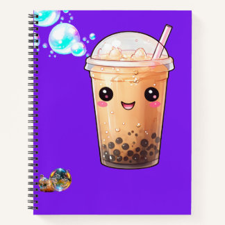Cute Kawaii Smiling Boba Tea on Purple  ノートブック