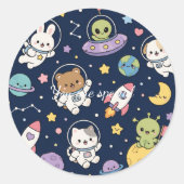 Cute Kawaii Space Animals Pattern | Pastel Galaxy ラウンドシール (正面)