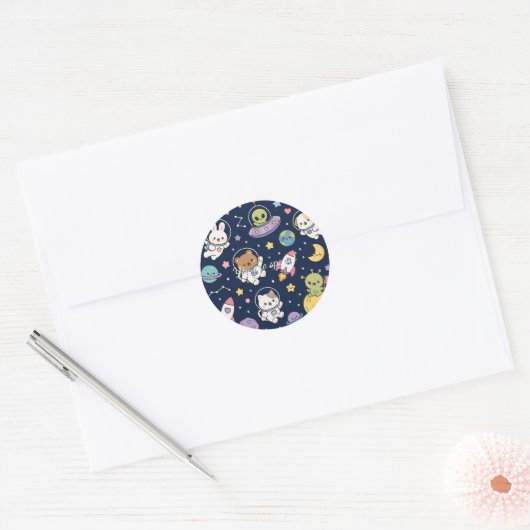 Cute Kawaii Space Animals Pattern | Pastel Galaxy ラウンドシール (封筒)