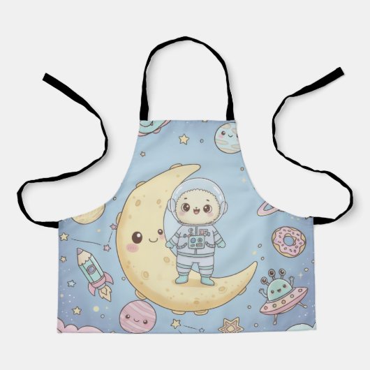 Cute Kawaii Space - Astronaut and Smiling Moon エプロン (正面)