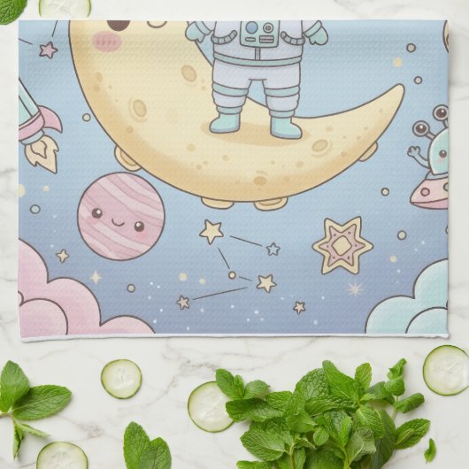 Cute Kawaii Space - Astronaut and Smiling Moon キッチンタオル (折り畳み)