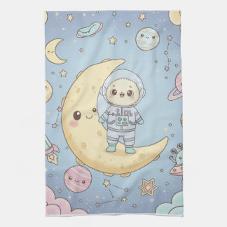 Cute Kawaii Space - Astronaut and Smiling Moon キッチンタオル