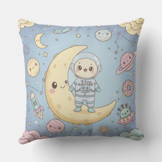 Cute Kawaii Space - Astronaut and Smiling Moon クッション (裏面)