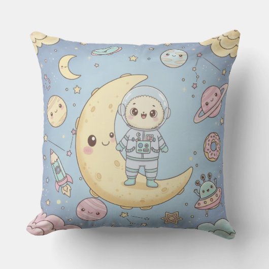 Cute Kawaii Space - Astronaut and Smiling Moon クッション (正面)