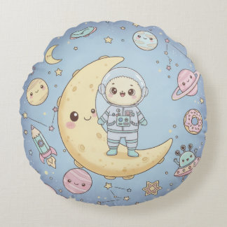 Cute Kawaii Space - Astronaut and Smiling Moon ラウンドクッション