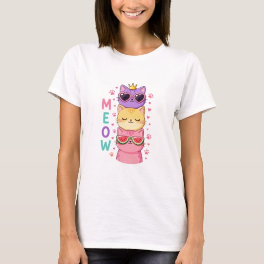 Cute Kawaii Stacked Cats Sunglasses Meow Tシャツ (正面)
