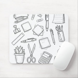 Cute Kawaii Stationery Doodles Black and White Off マウスパッド