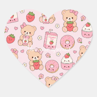 Cute Kawaii Strawberry Teddy Bear Pattern | Pink  ハートシール