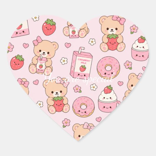 Cute Kawaii Strawberry Teddy Bear Pattern | Pink ハートシール (正面)