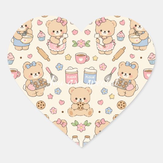 Cute Kawaii Teddy Bear Baking Pattern | Cozy Kitch ハートシール (正面)