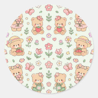 Cute Kawaii Teddy Bear Flower Garden Pattern | Pas ラウンドシール
