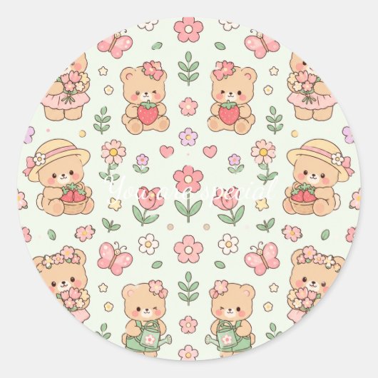 Cute Kawaii Teddy Bear Flower Garden Pattern | Pas ラウンドシール (正面)