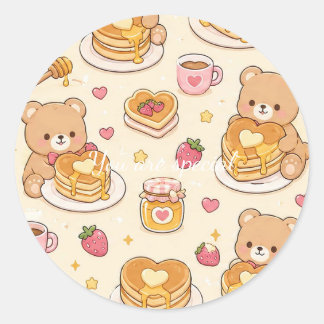 Cute Kawaii Teddy Bear Pancake Pattern ラウンドシール