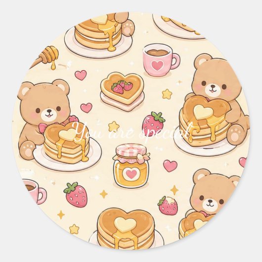 Cute Kawaii Teddy Bear Pancake Pattern ラウンドシール (正面)