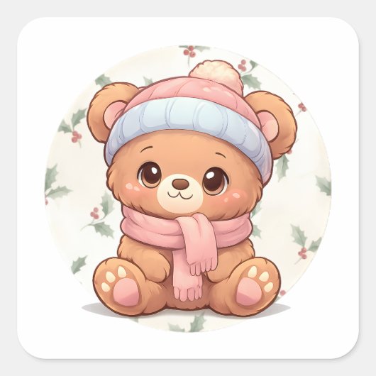 Cute Kawaii Teddy Bear Sticker  スクエアシール (正面)